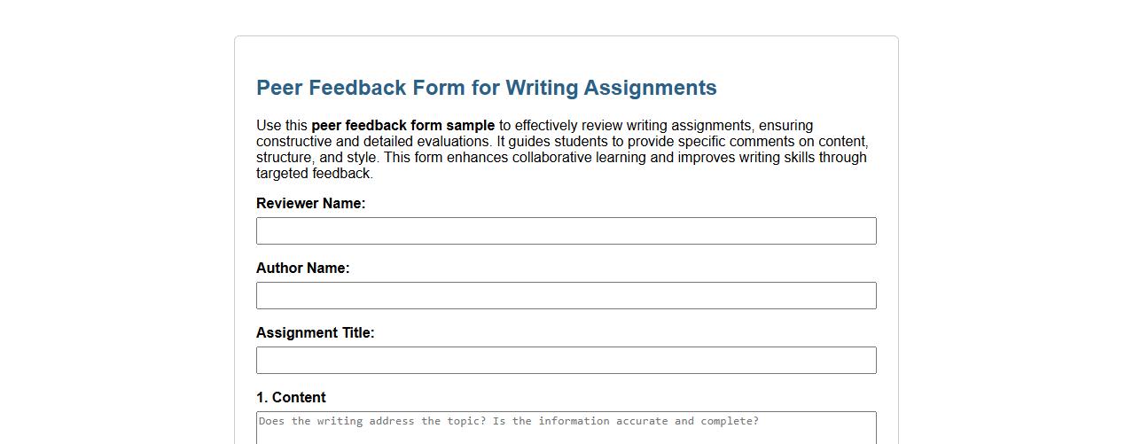 Peer feedback form sample for writing assignments image preview