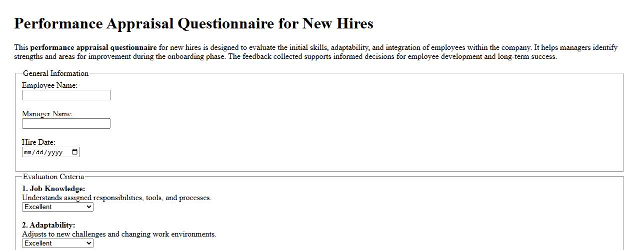 Performance appraisal questionnaire for new hires image preview