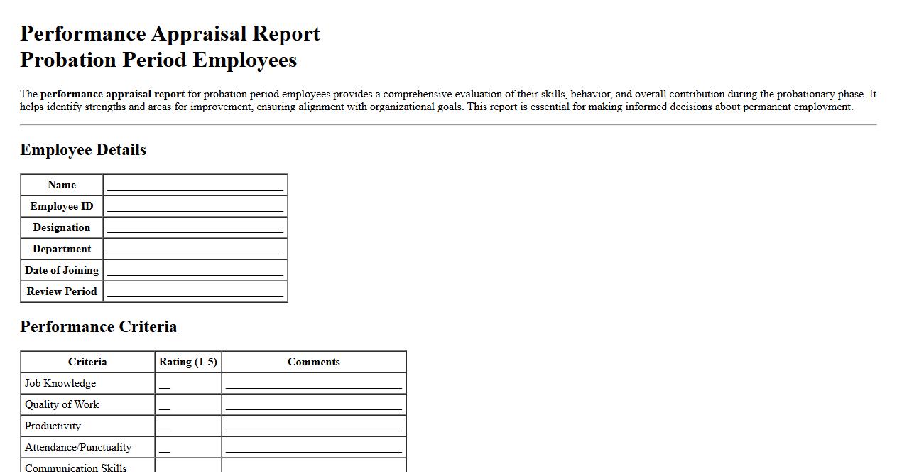 Performance appraisal report for probation period employees image preview
