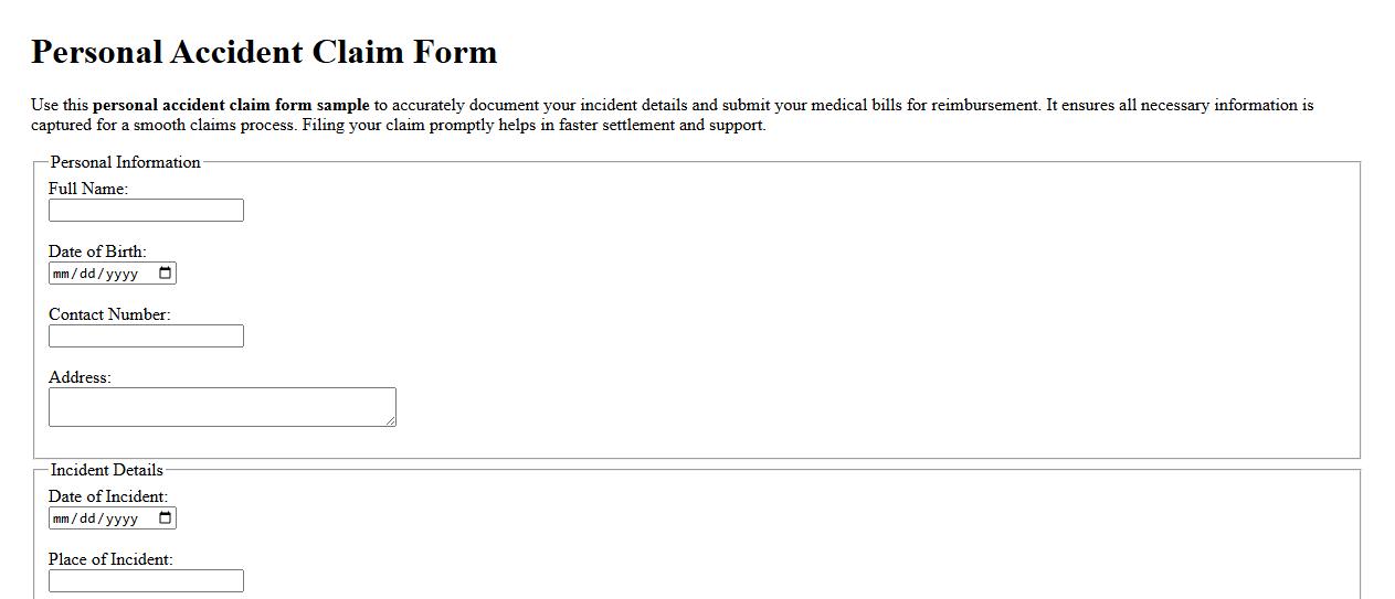 Personal accident claim form sample with medical bills image preview