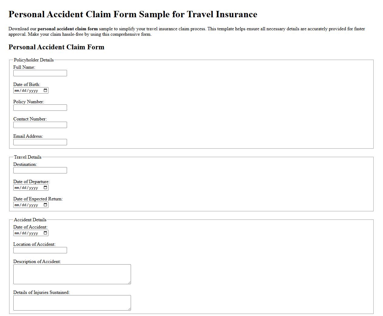 Personal accident claim form sample for travel insurance image preview