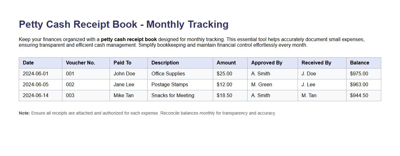 Petty cash receipt book for monthly tracking image preview
