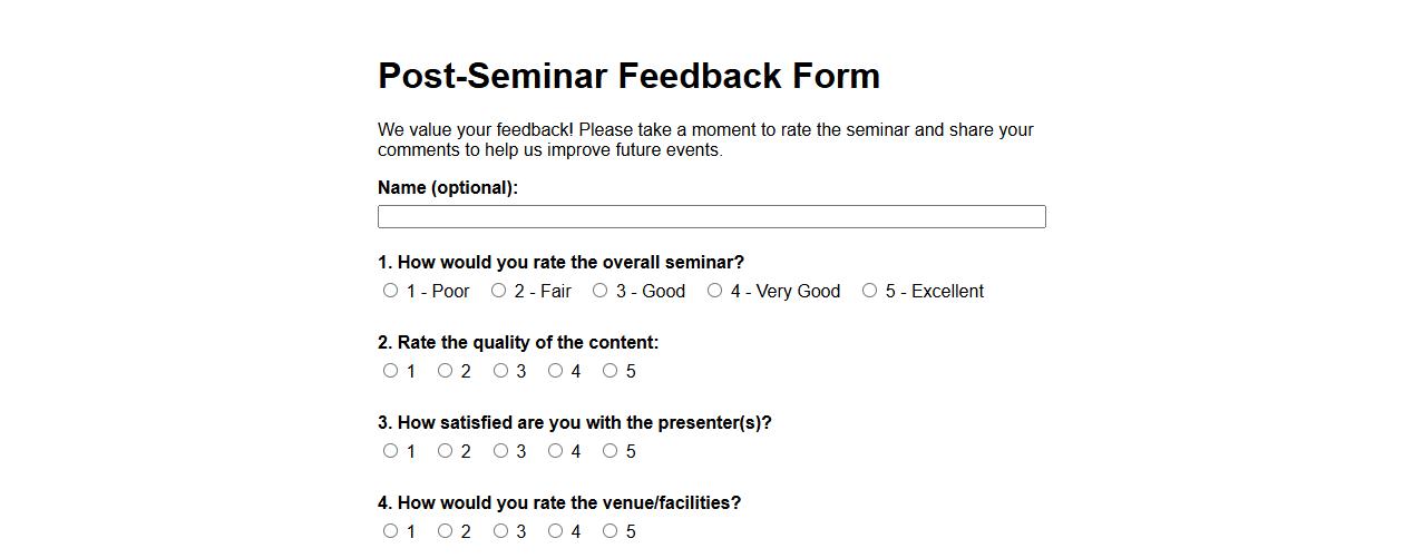 post-seminar feedback form sample with rating scale image preview