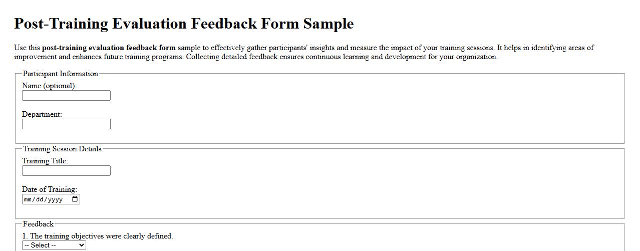 Post-training evaluation feedback form sample image preview