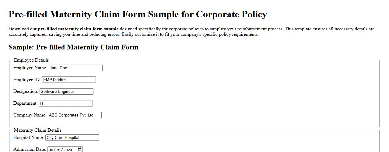 Pre-filled maternity claim form sample for corporate policy image preview