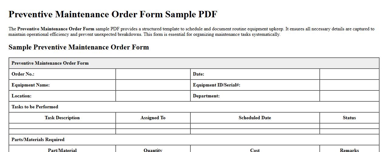 Preventive maintenance order form sample PDF image preview