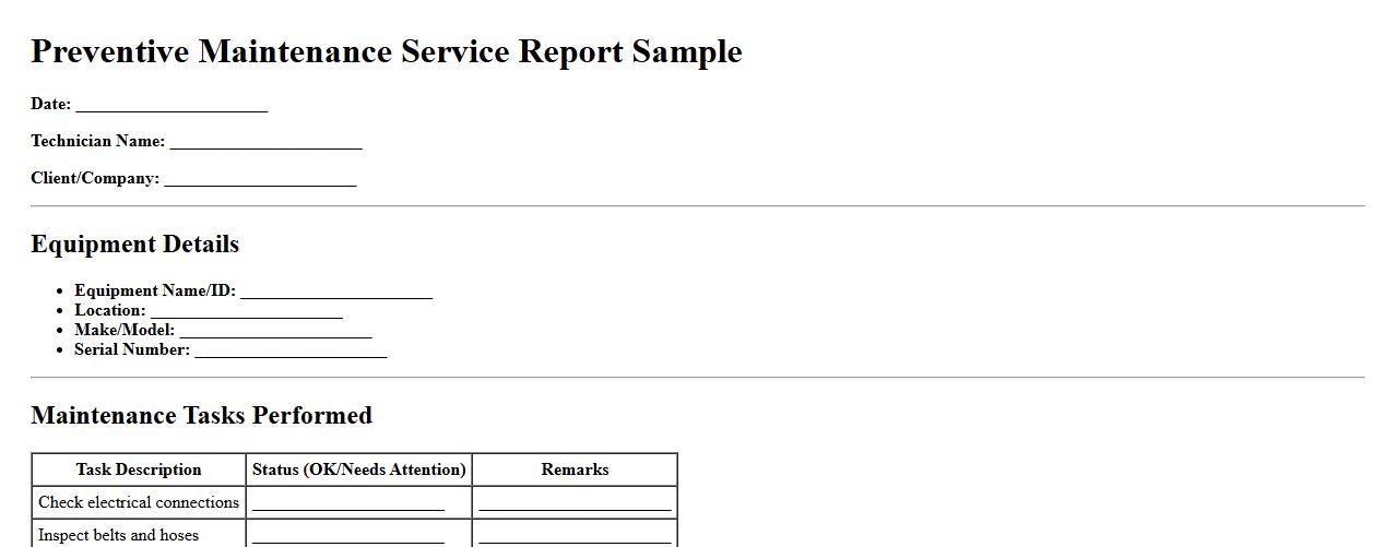 Preventive maintenance service report sample PDF image preview