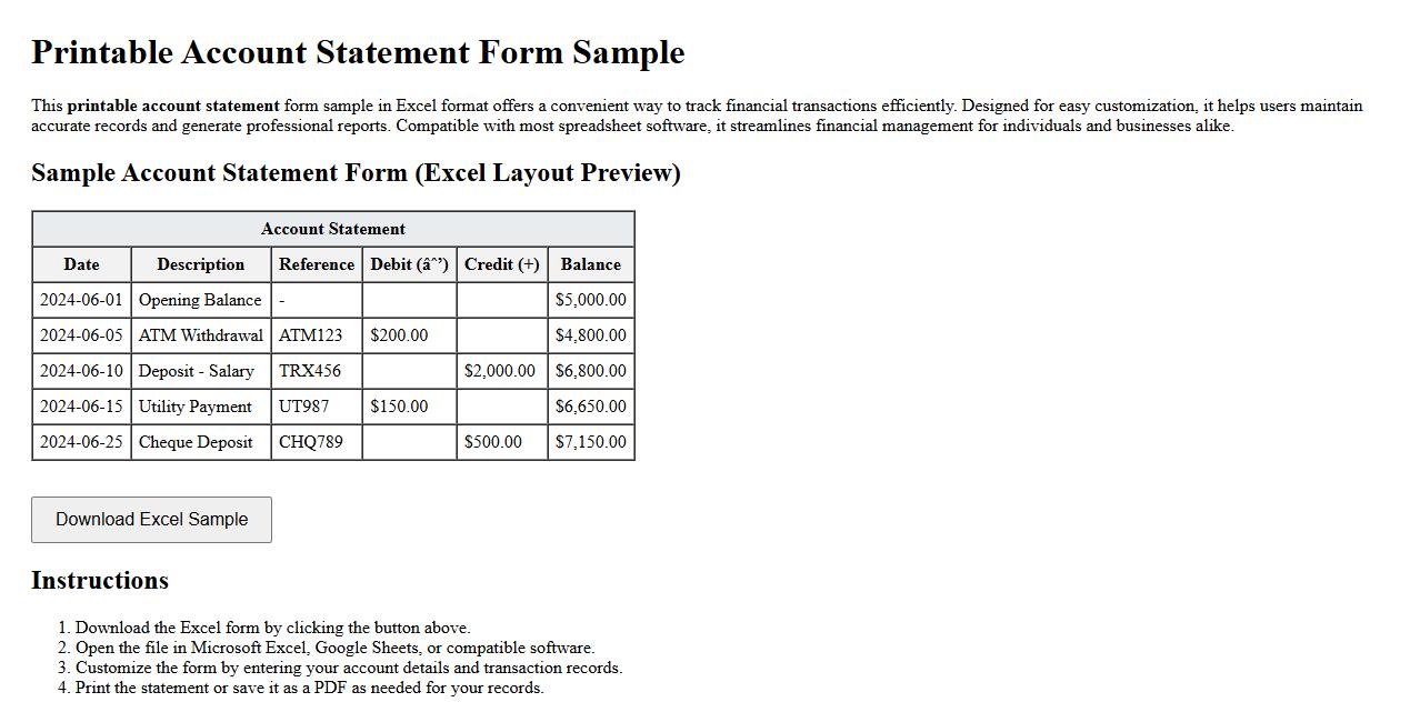 printable account statement form sample excel file image preview