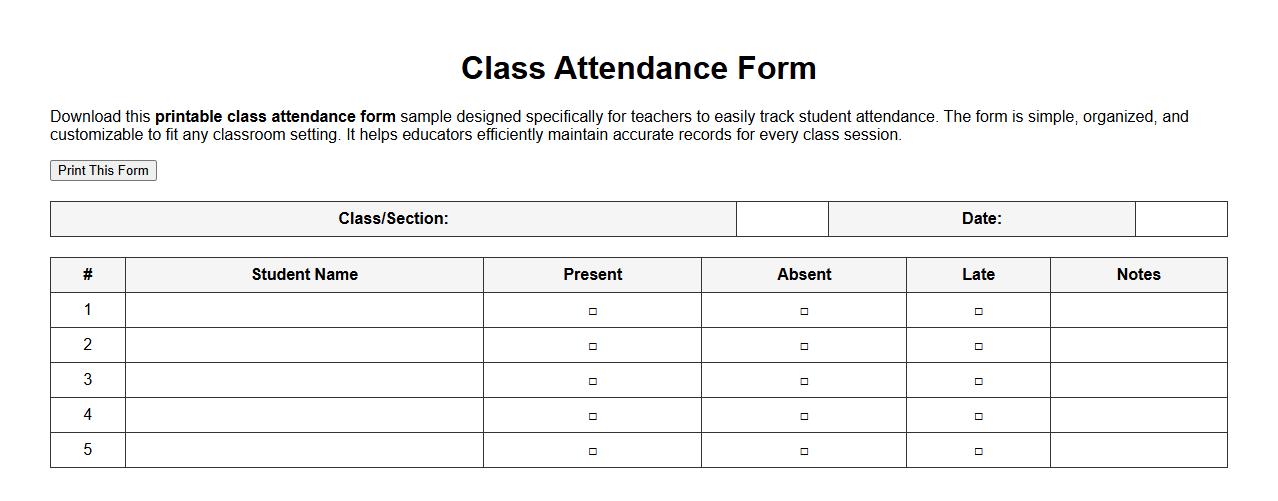 printable class attendance form sample for teachers image preview