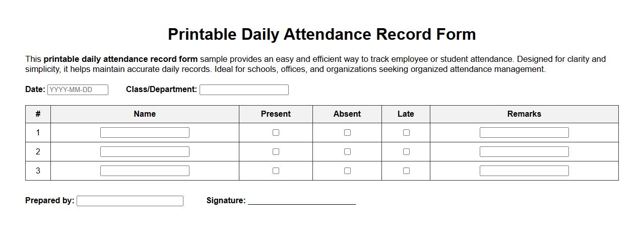 Printable daily attendance record form sample image preview