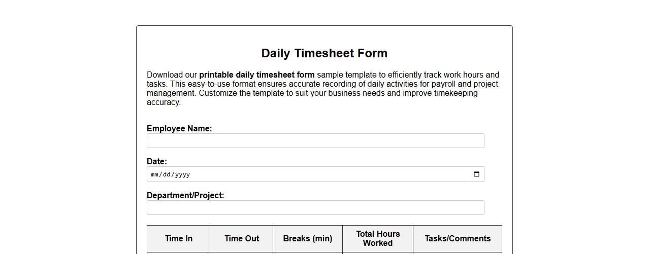 printable daily timesheet form sample template image preview