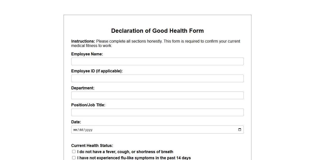 Printable Declaration of Good Health form sample for employees image preview
