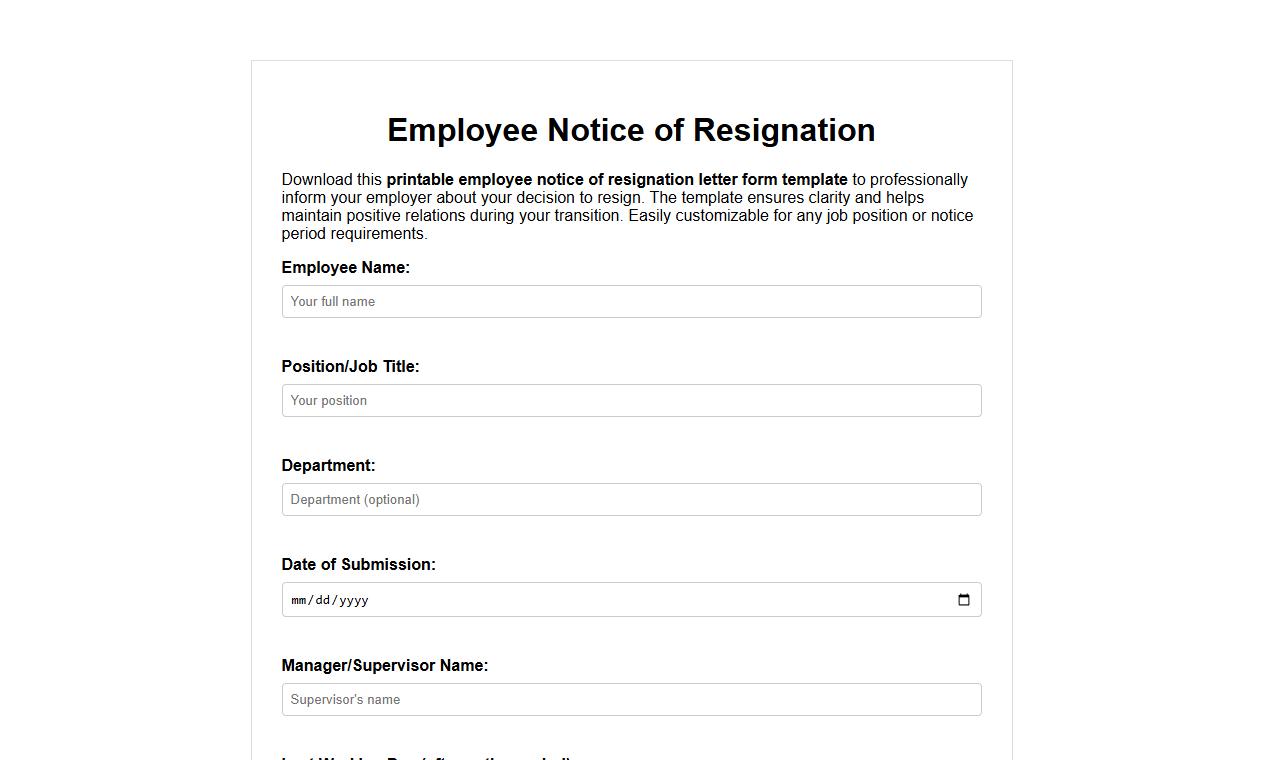 printable employee notice of resignation letter form template image preview