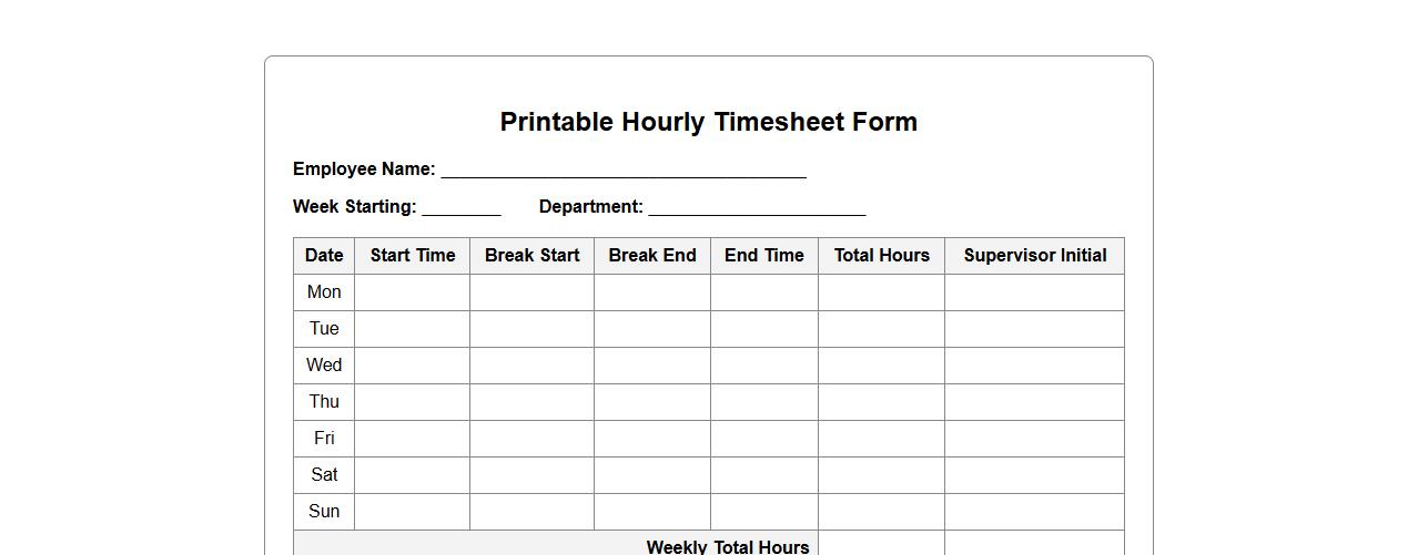 printable hourly timesheet form sample with breaks image preview