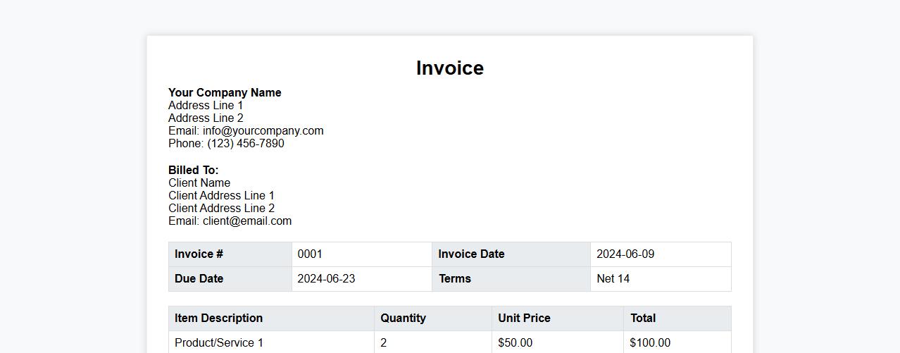 Printable invoice form sample with itemized list image preview