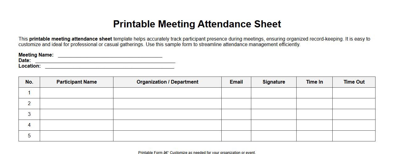 Printable meeting attendance sheet form sample image preview