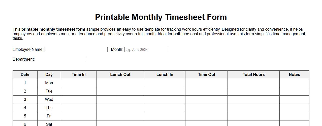 Printable monthly timesheet form sample image preview