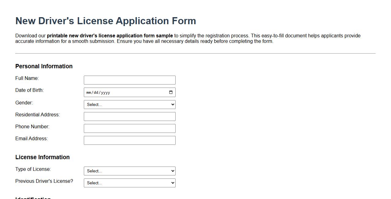 Printable new driver’s license application form sample image preview