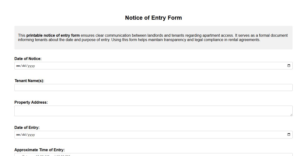 printable notice of entry form for apartment access image preview