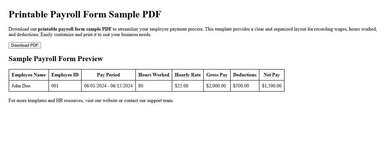 Printable payroll form sample PDF image preview