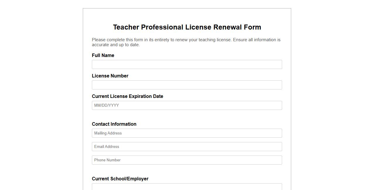 Printable professional license renewal form sample for teachers image preview