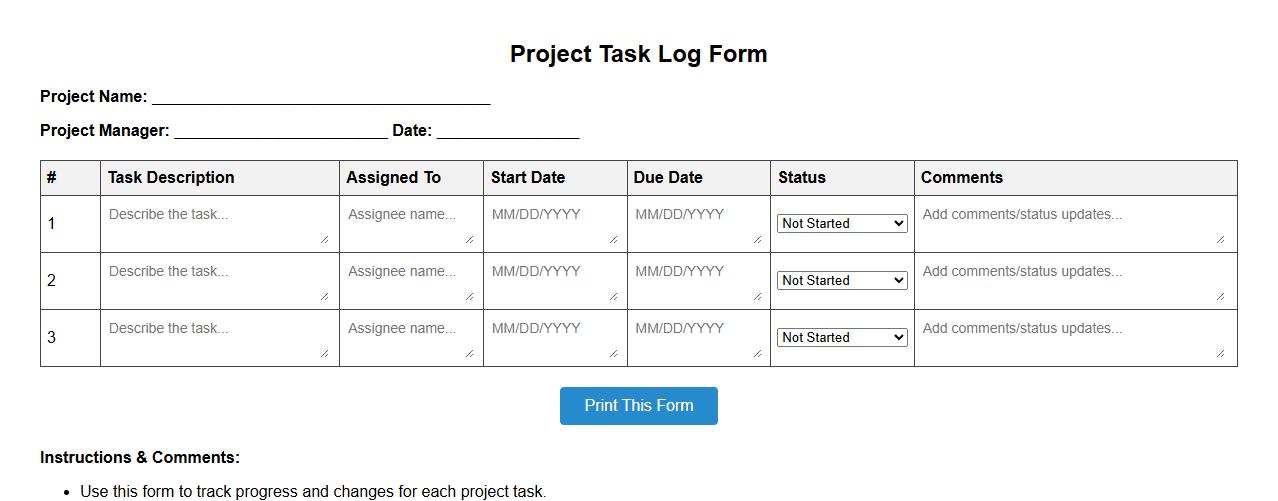 printable project task log form sample with comments image preview