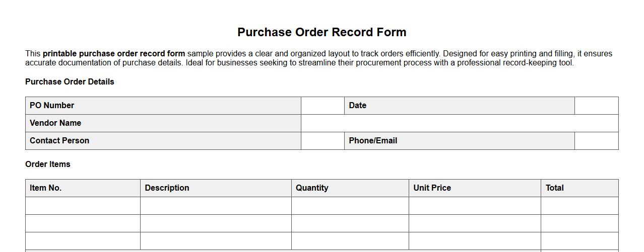 Printable purchase order record form sample image preview