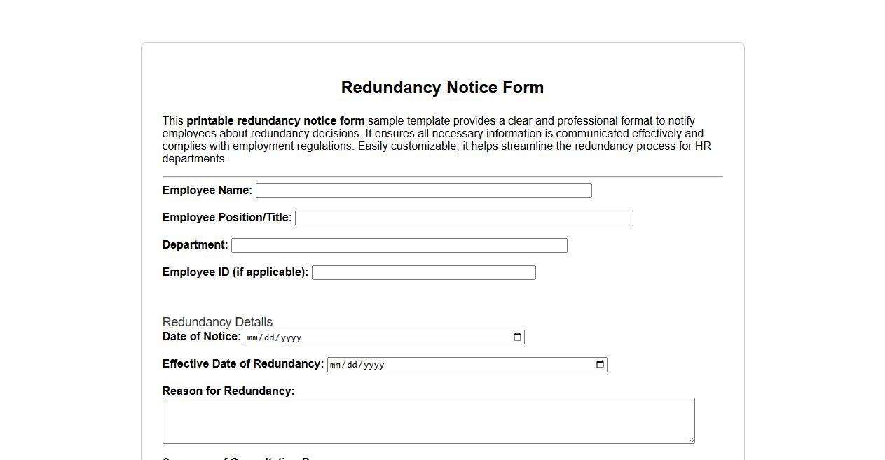 Printable redundancy notice form sample template image preview