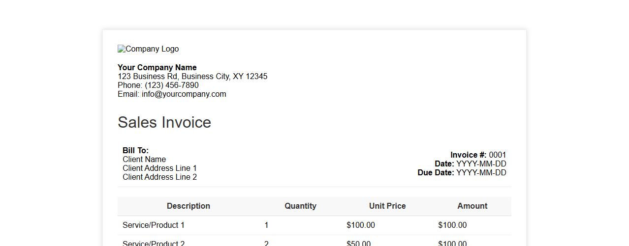 Printable sales invoice template with company logo image preview