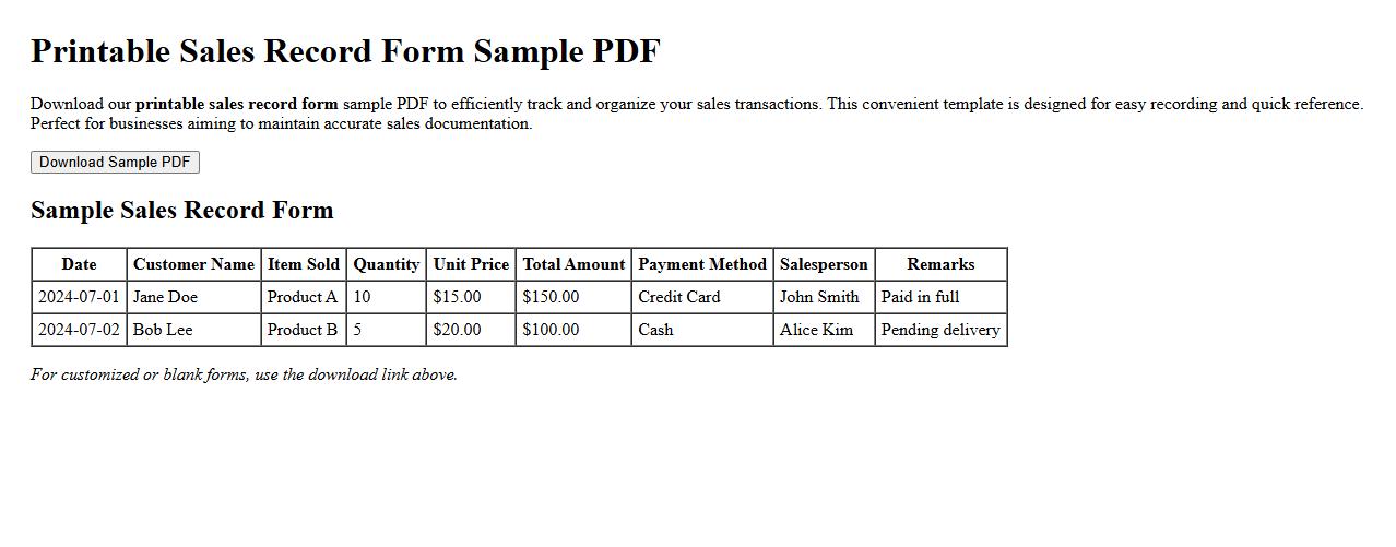 Printable sales record form sample PDF image preview