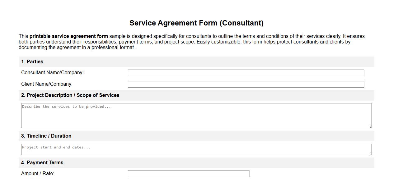printable service agreement form sample for consultants image preview