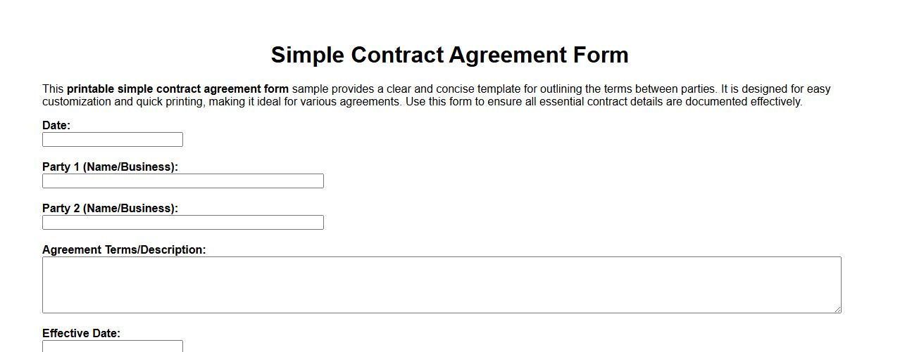 Printable simple contract agreement form sample image preview