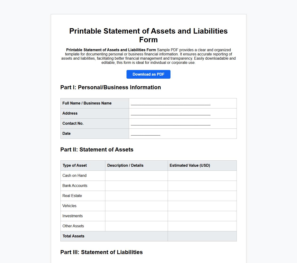 Printable Statement of Assets and Liabilities Form Sample PDF image preview