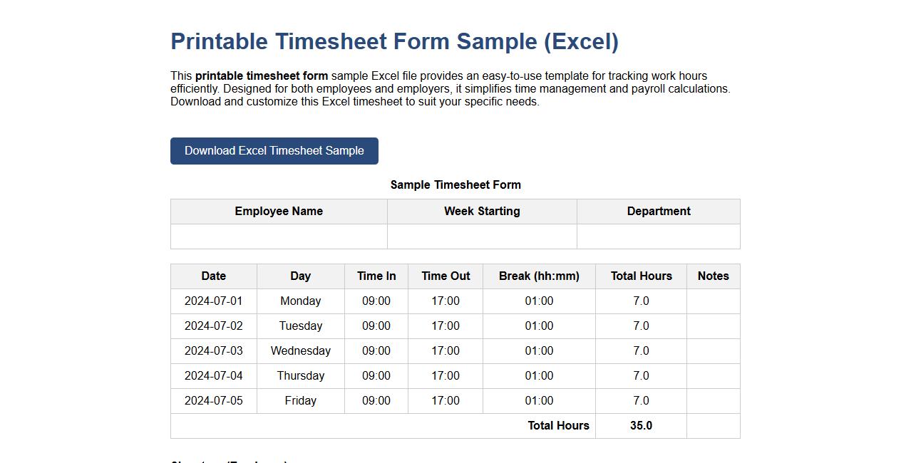 printable timesheet form sample excel file image preview