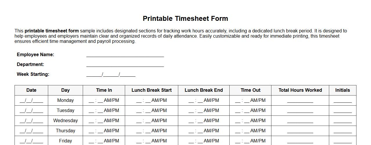 printable timesheet form sample with lunch break image preview
