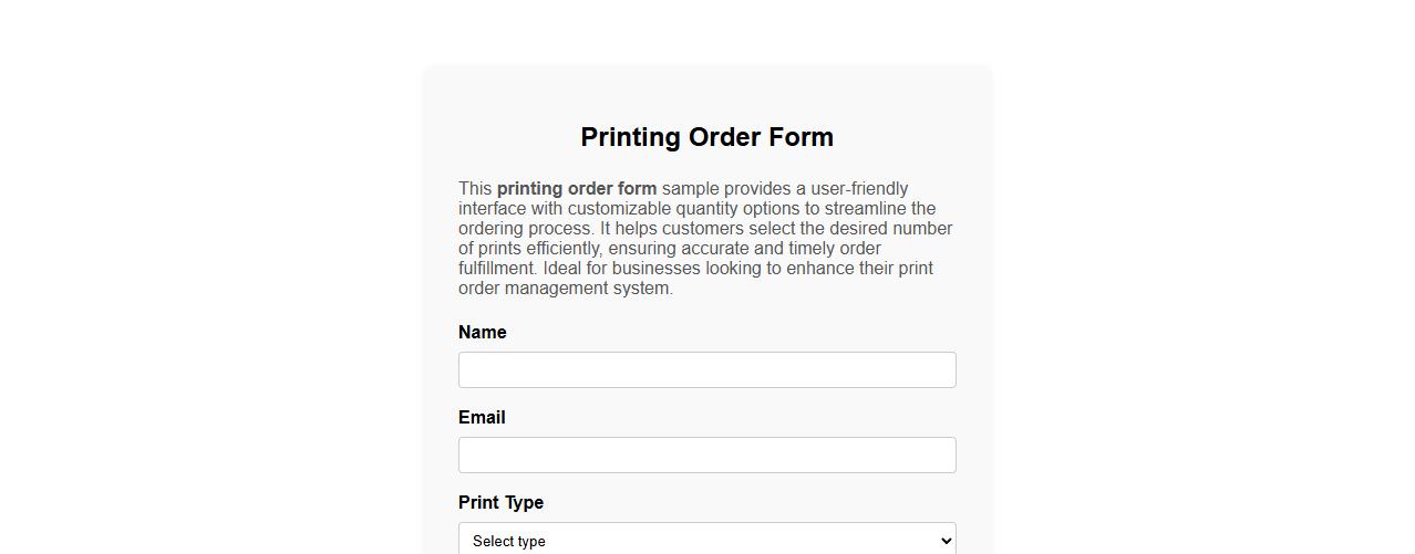 Printing order form sample with quantity options image preview