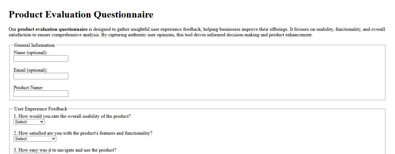Product evaluation questionnaire for user experience feedback image preview