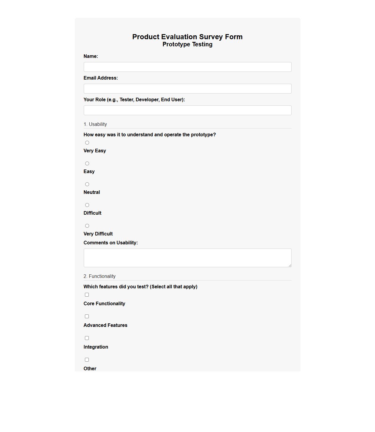 product evaluation survey form sample for prototype testing image preview