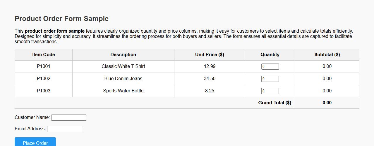 Product order form sample with quantity and price columns image preview