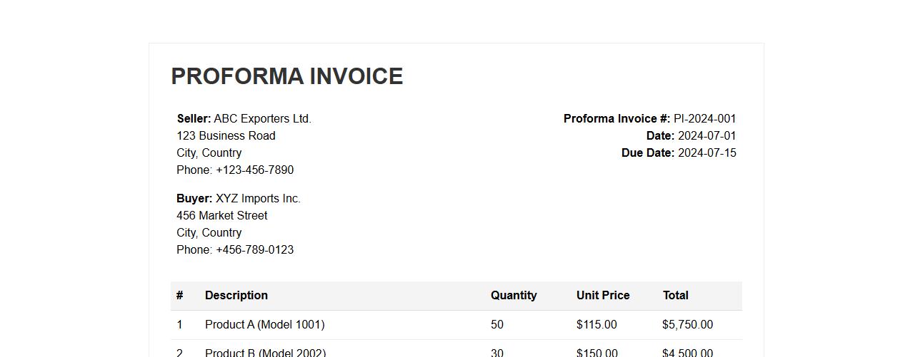 Proforma invoice sample for advance payment image preview