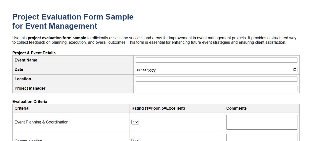 project evaluation form sample for event management image preview