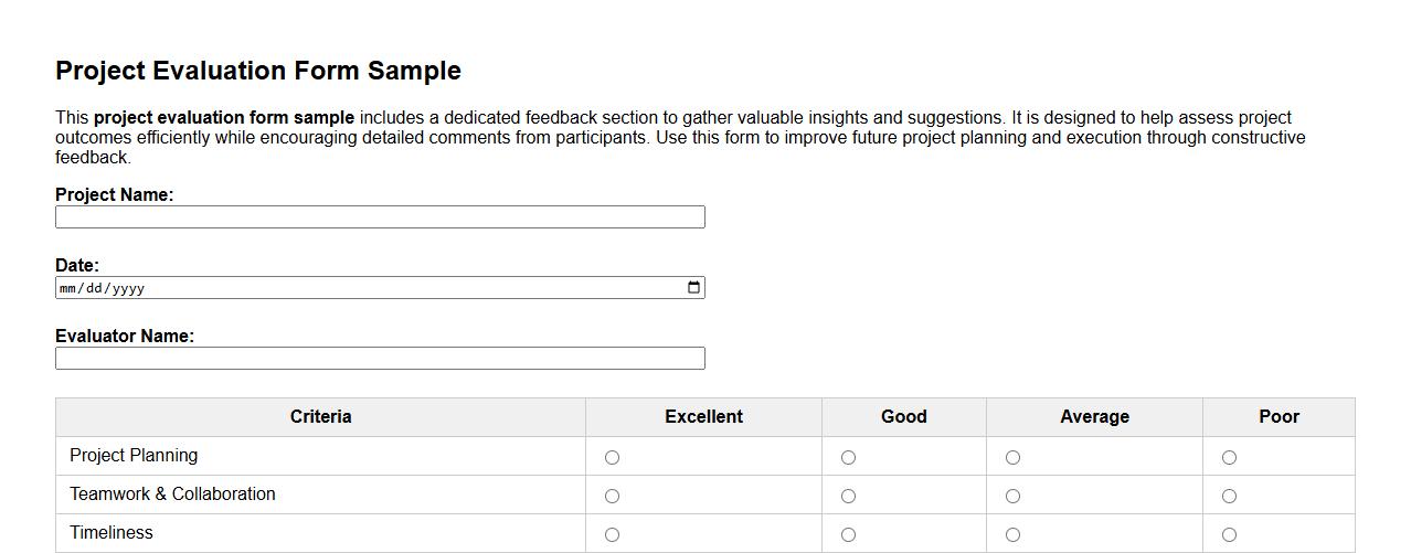 project evaluation form sample with feedback section image preview
