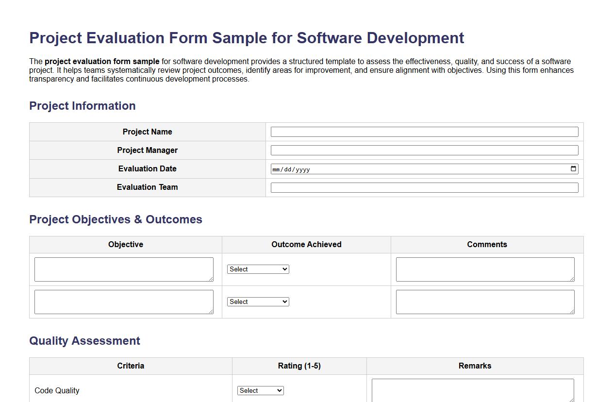 project evaluation form sample for software development image preview