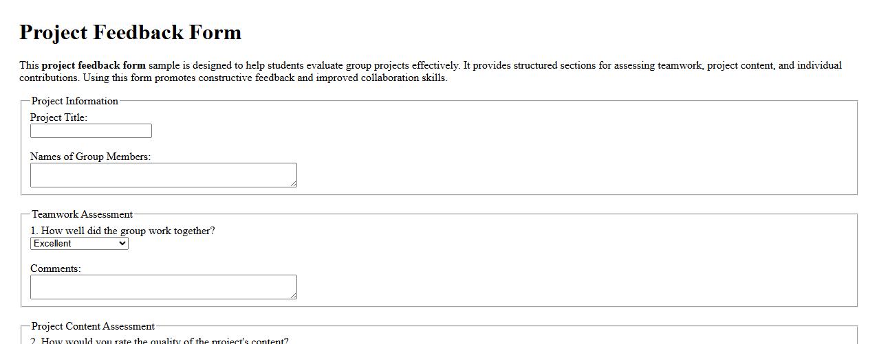 Project feedback form sample for student group projects image preview