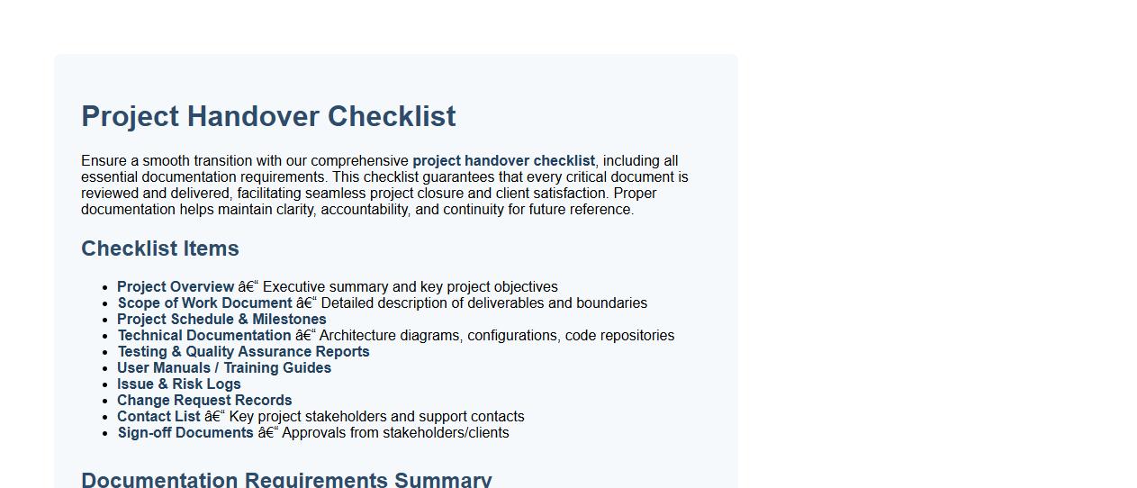 Project handover checklist with documentation requirements image preview