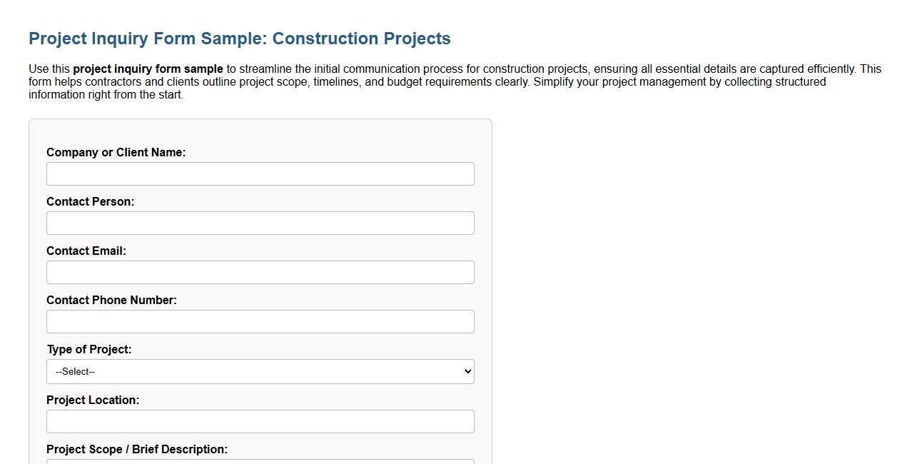 project inquiry form sample for construction projects image preview