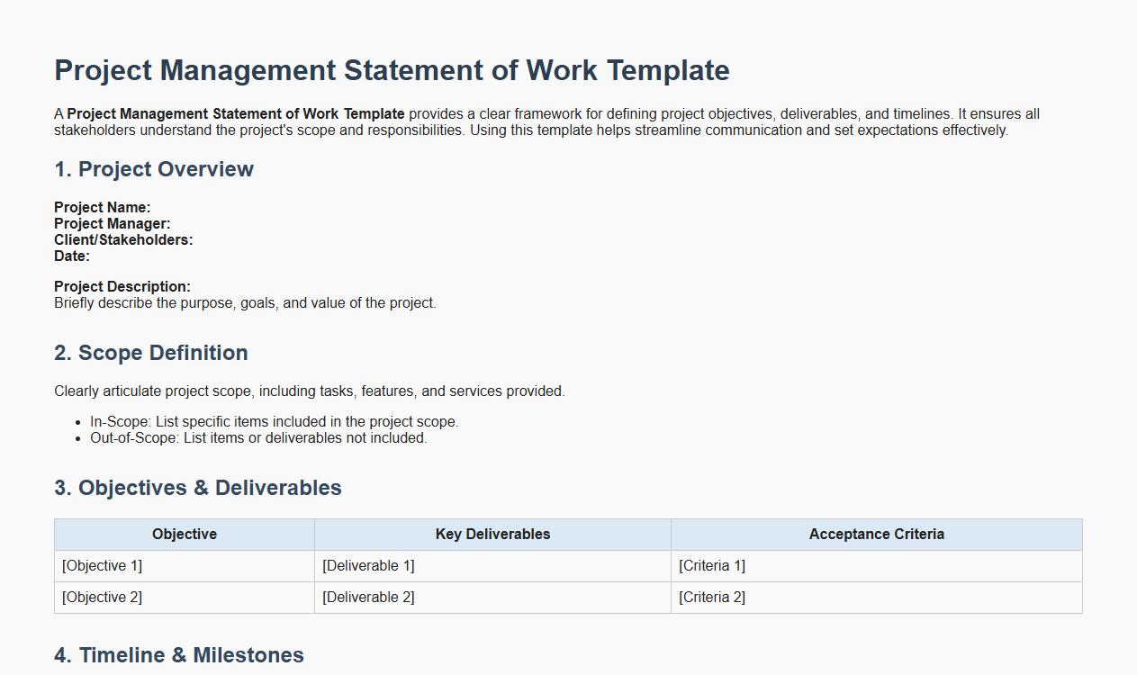 Project management statement of work template with scope definition image preview