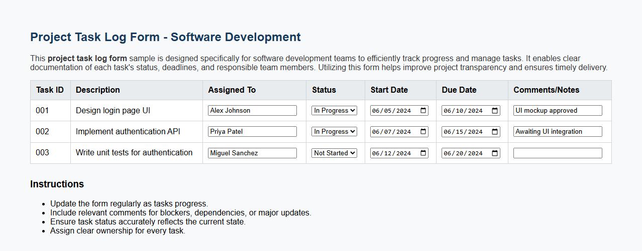 project task log form sample for software development image preview
