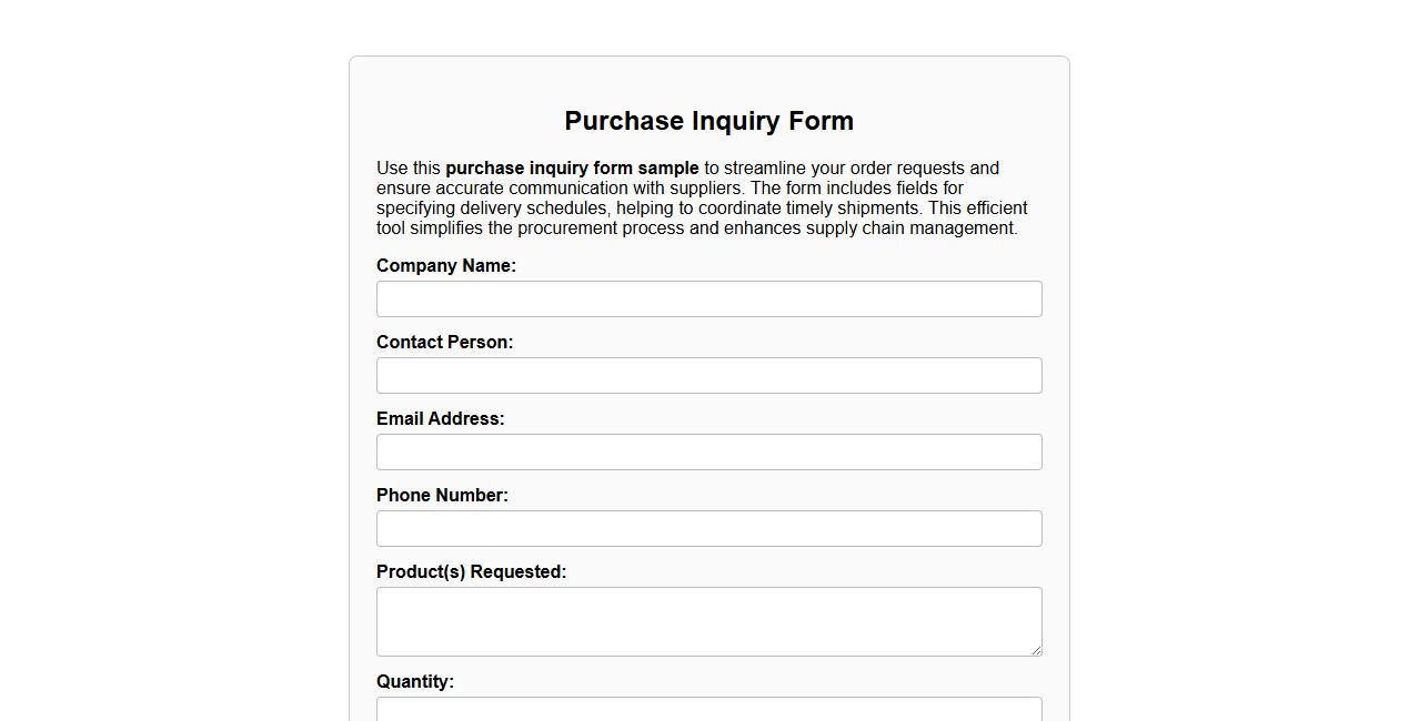 Purchase inquiry form sample with delivery schedule image preview