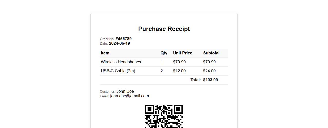 Purchase receipt with QR code for tracking image preview
